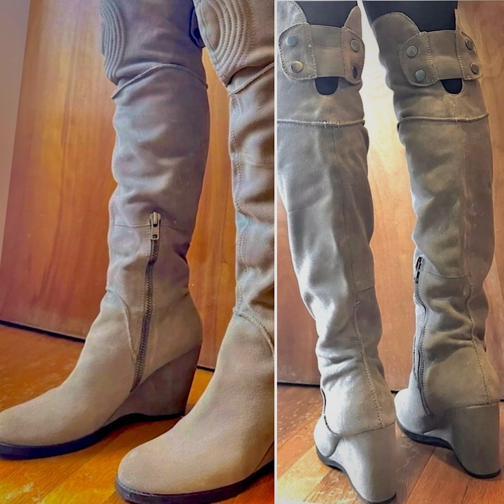 APEPAZZA ‘Amsterdam Power’ Above-Knee Wedge Heel Tall Boots. Grey Suede.